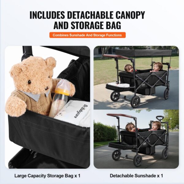 VEVOR Wagon Stroller Push Pull Quad Collapsible for 2 Kids w/ Canopy Black