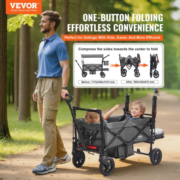 VEVOR Wagon Stroller Push Pull Quad Collapsible for 2 Kids w/ Canopy Dark Grey