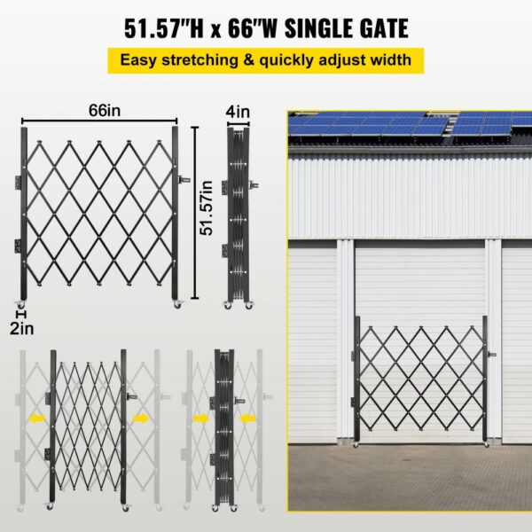 VEVOR folding security gate: 50"h x 67"w, easy stretching, quick width adjust.