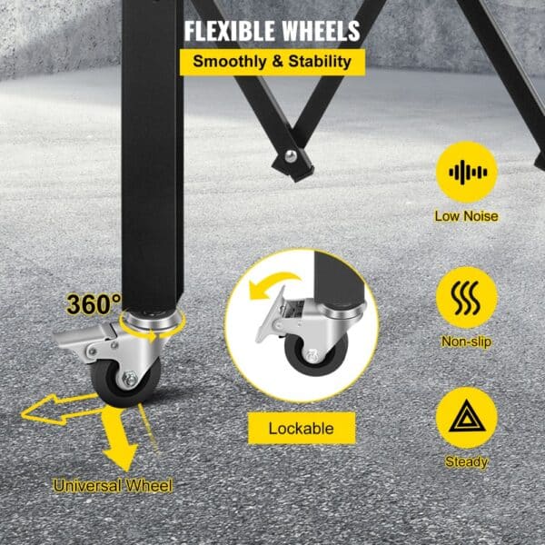 VEVOR folding security gate flexible wheels, 360° universal, lockable, low noise, non-slip.