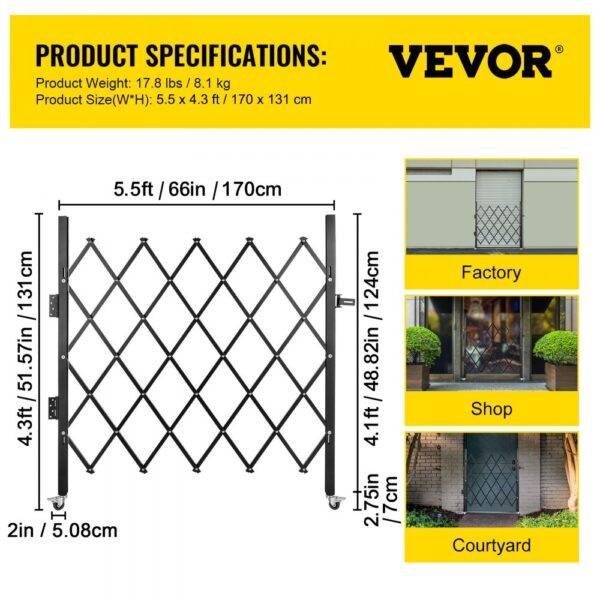 VEVOR folding security gate specifications, shown for factory, shop, and courtyard use.