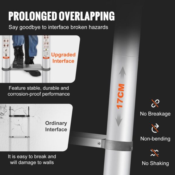 VEVOR telescoping ladder with upgraded interface, stable, durable, and corrosion-proof design.