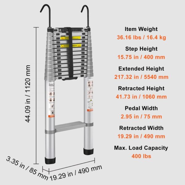 VEVOR telescoping ladder with 217.32in height, 36.16lbs weight, 400lbs capacity, 19.29in width, hooks.