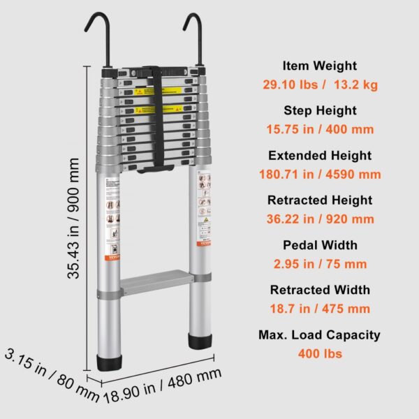 VEVOR telescoping ladder with 400 lbs load capacity, extended height 180.71 in, retracted 36.22 in.