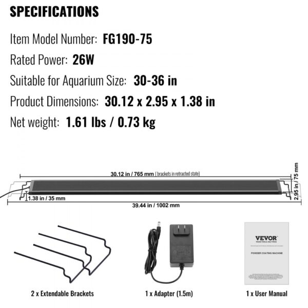 VEVOR Aquarium Light 26W Full Spectrum Fish Tank Light for 30"-36" Fish Tank