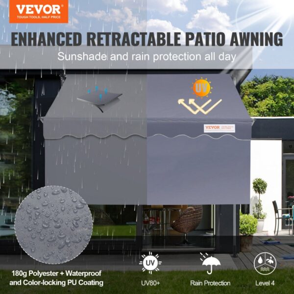 VEVOR retractable awning offers uv80+ sunshade and rain protection with 180g polyester waterproof coating.