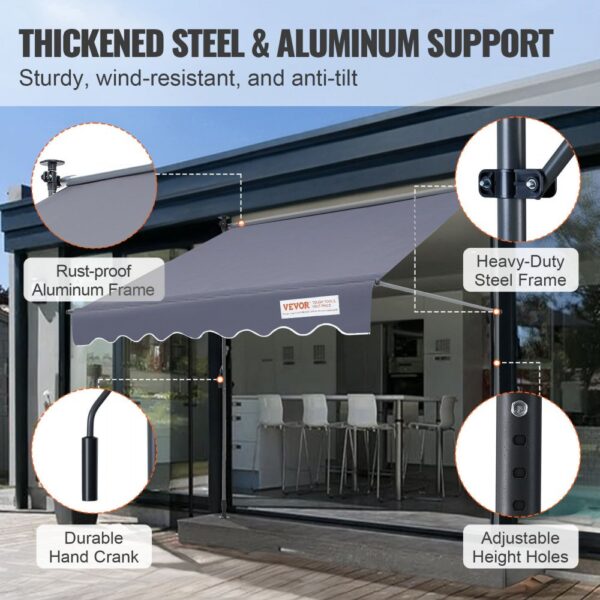 VEVOR retractable awning with rust-proof aluminum frame, durable hand crank, heavy-duty steel support.