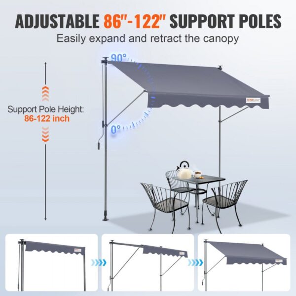 VEVOR retractable awning with adjustable support poles from 86 to 122 inches, covering outdoor table set.