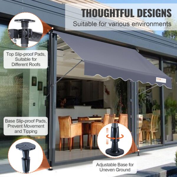 VEVOR retractable awning with slip-proof pads, adjustable base, shown over patio glass door. suitable for various environments.