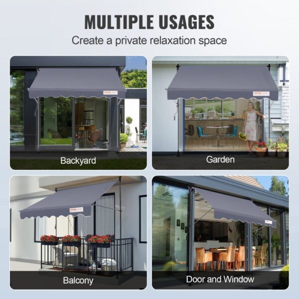 VEVOR retractable awning used in backyard, garden, balcony, and door/window setups.