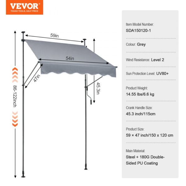 VEVOR 59x47" Patio Awning Retractable Awning Sunshade Shelter with Crank Handle