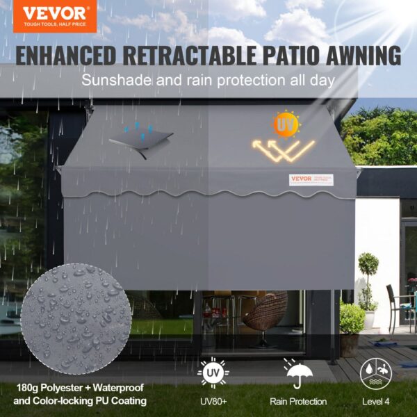 VEVOR retractable awning offering rain and uv protection on a rainy day over a patio.