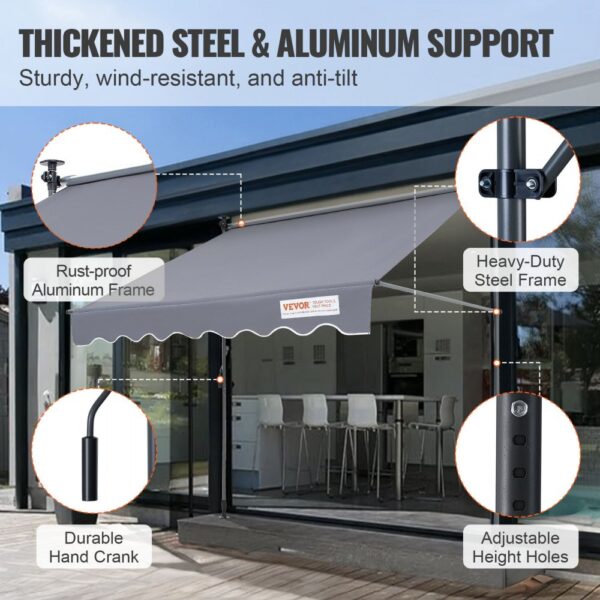 VEVOR retractable awning with thickened steel and aluminum support, aluminum frame, and hand crank.