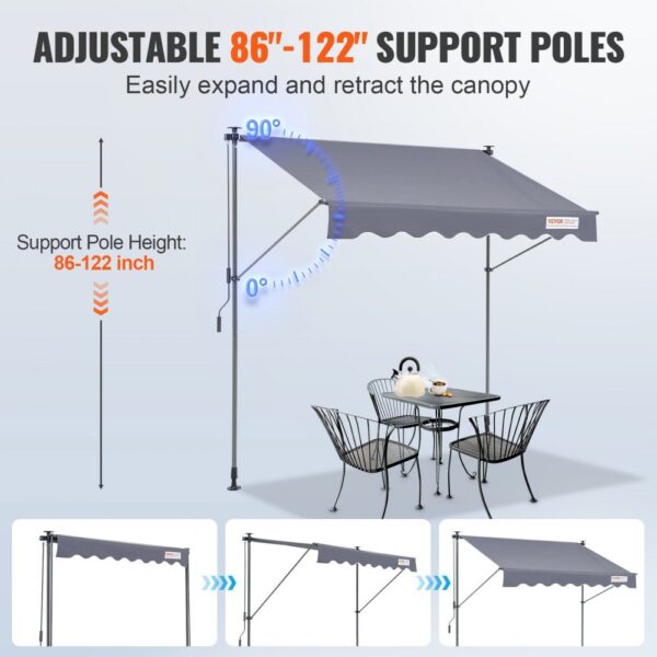 VEVOR retractable awning with adjustable support poles ranging from 86" to 122", shown over patio set.