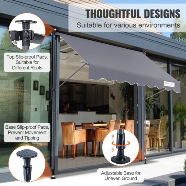 VEVOR retractable awning with slip-proof pads and adjustable base, suitable for various environments.