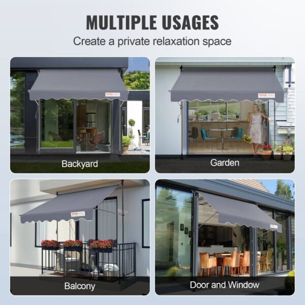 VEVOR retractable awning used in backyard, garden, balcony, and door and window for relaxation.