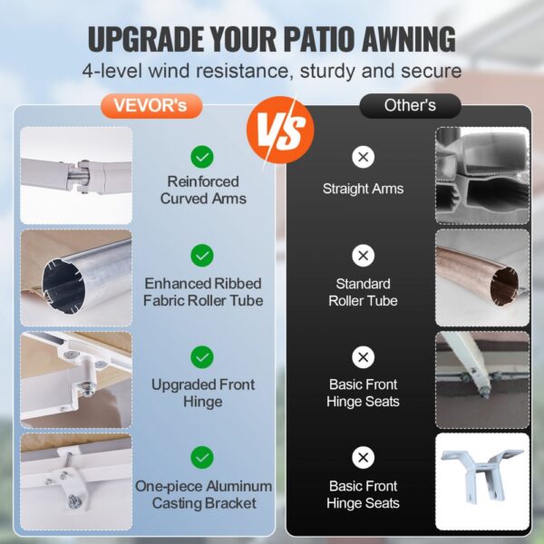 VEVOR retractable awning features reinforced curved arms, ribbed roller tube, and upgraded front hinge.