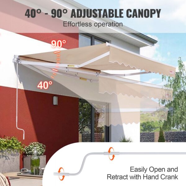 VEVOR retractable awning with 40-90° adjustable canopy and hand crank on a modern house.