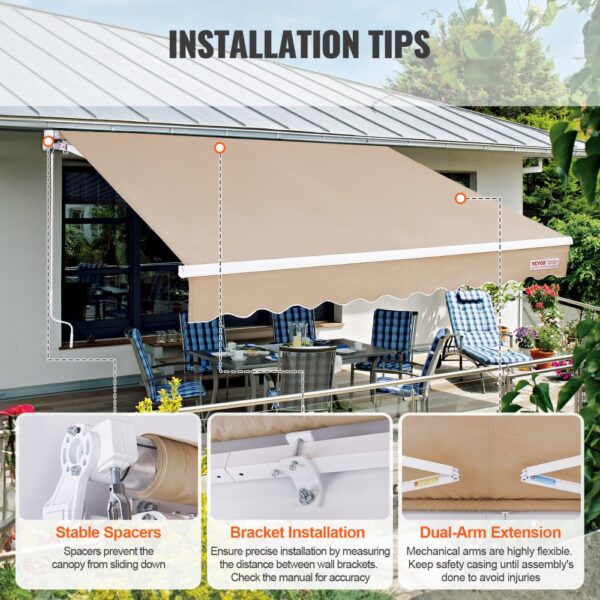 VEVOR retractable awning installation guide with tips on stable spacers, bracket placement, and dual-arm extension.