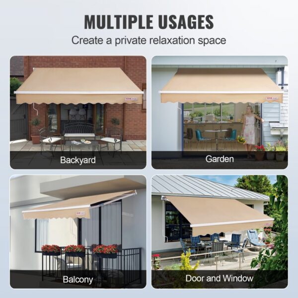 VEVOR retractable awning for backyard, garden, balcony, and door and window relaxation spaces.