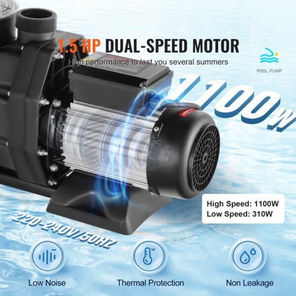 VEVOR Swimming Pool Pump, 1.5 HP 1100 W Above Ground Pool Pump, Max Flow 27800 L/H Dual Speed ​​Pump, 220V-240V, 1450/2860RPM Pump for Above Ground Pools, Spas, Hot Springs, Irrigation Systems