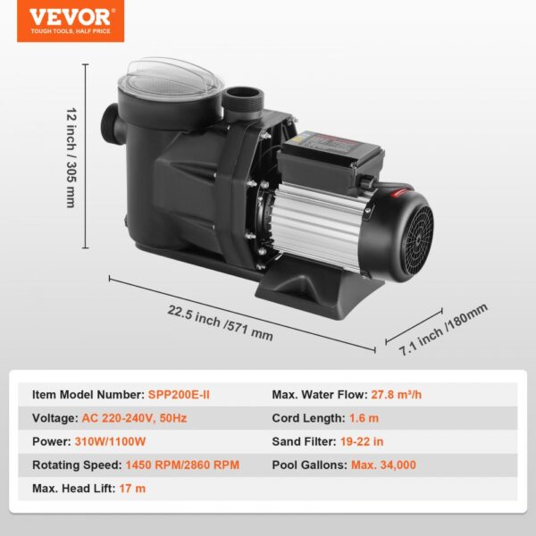 VEVOR Swimming Pool Pump, 1.5 HP 1100 W Above Ground Pool Pump, Max Flow 27800 L/H Dual Speed ​​Pump, 220V-240V, 1450/2860RPM Pump for Above Ground Pools, Spas, Hot Springs, Irrigation Systems