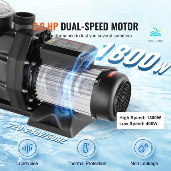 VEVOR Swimming Pool Pump, 1800W 2HP Dual Speed, Max Flow 33000L/H ​​Above Ground Pool Pump, 220V-240V, 1450/2860RPM Pump for Above Ground Pools, Spas, Hot Springs, Irrigation Systems