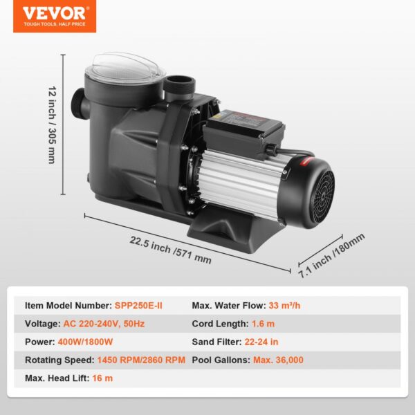 VEVOR Swimming Pool Pump, 1800W 2HP Dual Speed, Max Flow 33000L/H ​​Above Ground Pool Pump, 220V-240V, 1450/2860RPM Pump for Above Ground Pools, Spas, Hot Springs, Irrigation Systems