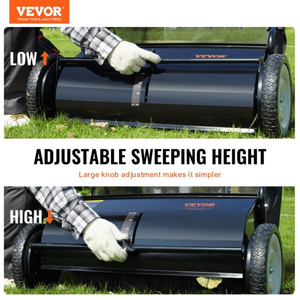 VEVOR Push Lawn Sweeper, 26-inch Leaf & Grass Collector, Strong Rubber Wheels & Heavy Duty Thickened Steel, Durable to Use with Large Capacity 7 cu. ft. Mesh Collection Hopper Bag, 4 Spinning Brushes