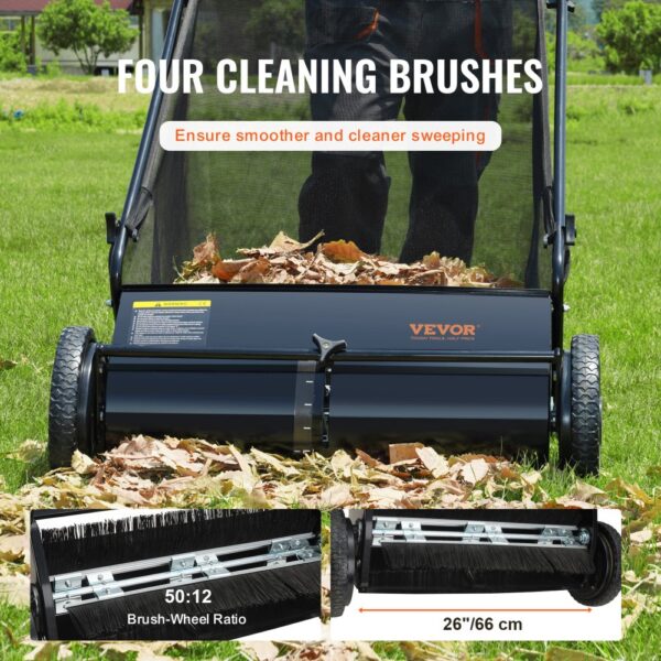 VEVOR Push Lawn Sweeper, 26-inch Leaf & Grass Collector, Strong Rubber Wheels & Heavy Duty Thickened Steel, Durable to Use with Large Capacity 7 cu. ft. Mesh Collection Hopper Bag, 4 Spinning Brushes