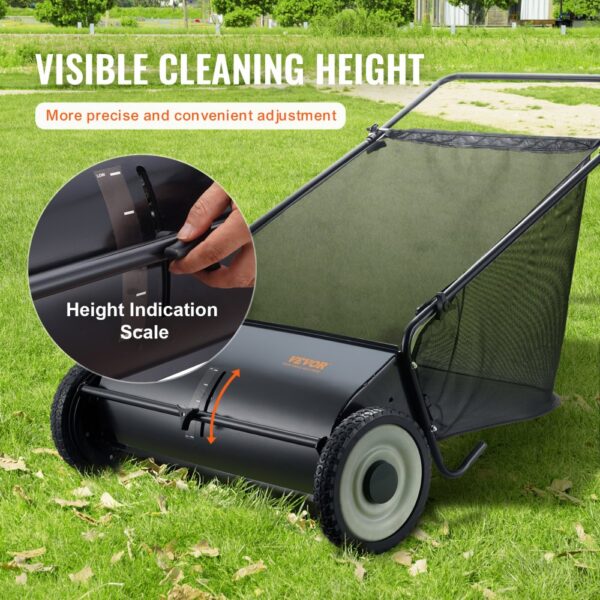 VEVOR Push Lawn Sweeper, 26-inch Leaf & Grass Collector, Strong Rubber Wheels & Heavy Duty Thickened Steel, Durable to Use with Large Capacity 7 cu. ft. Mesh Collection Hopper Bag, 4 Spinning Brushes