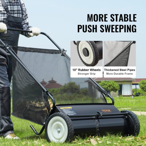 VEVOR Push Lawn Sweeper, 26-inch Leaf & Grass Collector, Strong Rubber Wheels & Heavy Duty Thickened Steel, Durable to Use with Large Capacity 7 cu. ft. Mesh Collection Hopper Bag, 4 Spinning Brushes