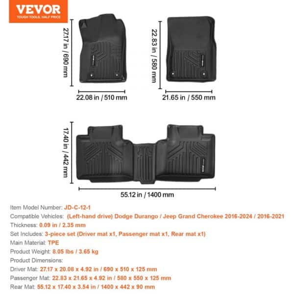VEVOR Automotive Floor Mats Fits Dodge Durango/Jeep Grand Cherokee 2016-2024