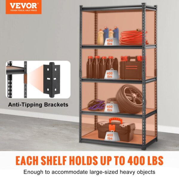 VEVOR garage shelving unit with anti-tipping brackets, each shelf holds up to 400 lbs of various items.