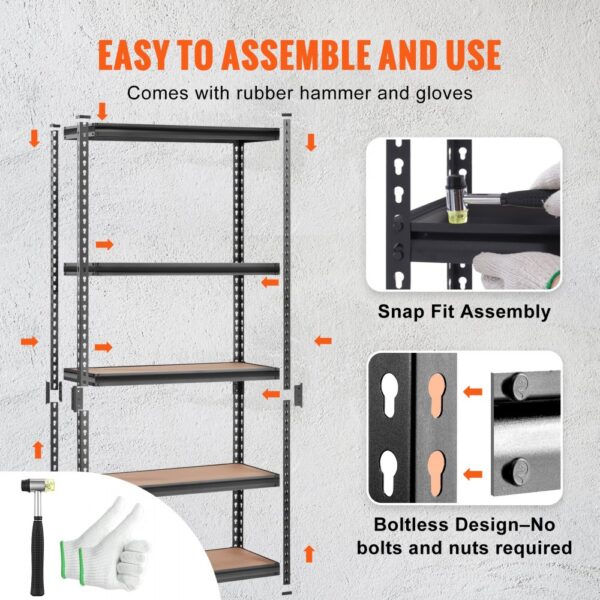 VEVOR garage shelving unit with snap fit assembly, rubber hammer, gloves, and boltless design.