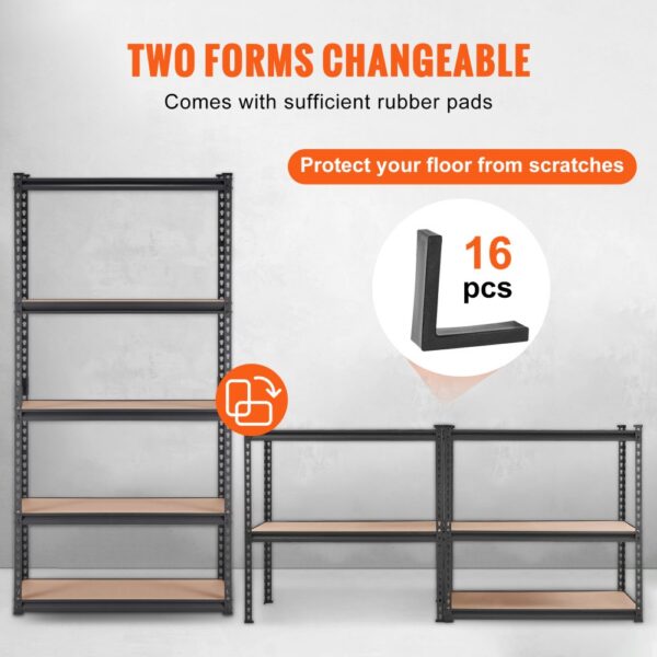 VEVOR garage shelving unit with 16 rubber pads, two adjustable forms, and scratch protection.