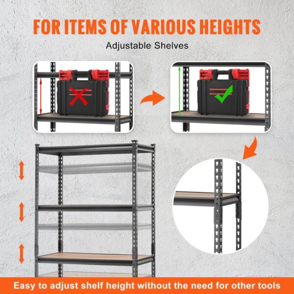 VEVOR garage shelving unit with adjustable shelves for items of various heights; easy height adjustment.