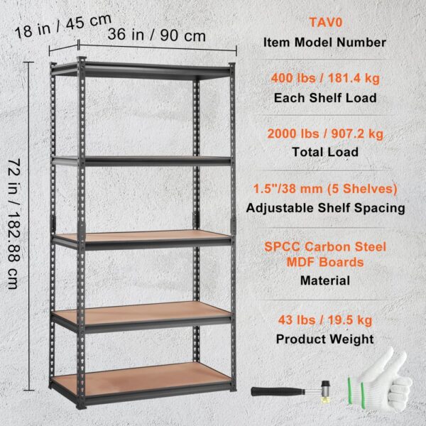 VEVOR garage shelving unit dimensions: 72(h) x 36(w) x 18(d) in, 400 lbs shelf load, adjustable shelves.