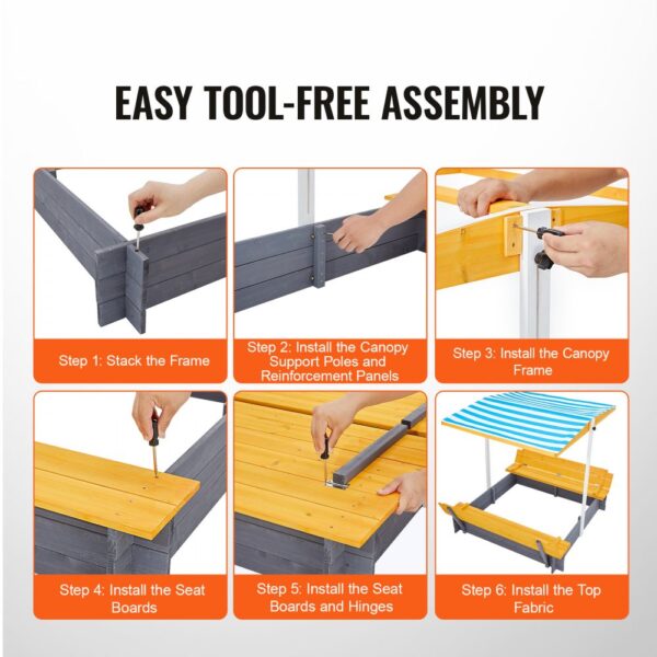 steps to assemble VEVOR wooden sandbox with easy tool-free steps shown.