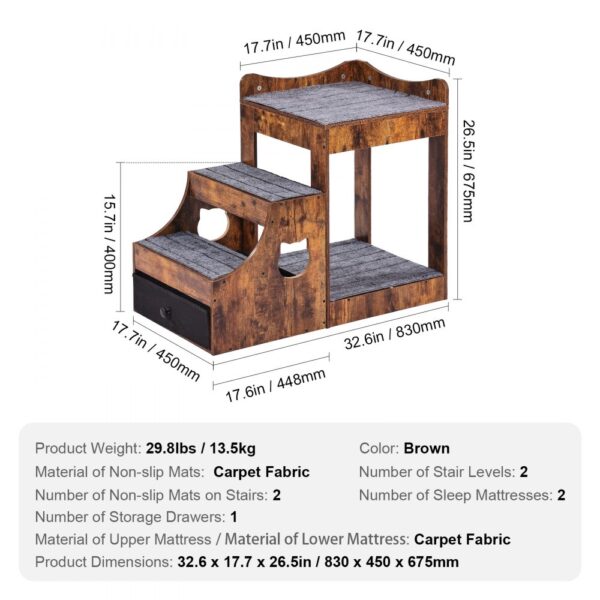 VEVOR Pet Bunk Bed with Stairs Dog/Cat Window Perch with Storage Indoor Brown