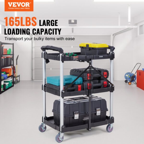 VEVOR utility service cart with tools in a garage, showcasing 165lbs large loading capacity.