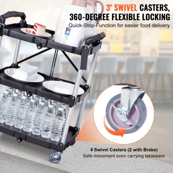 VEVOR utility service cart with 4" swivel casters, carrying water bottles, plates, and a thermos.