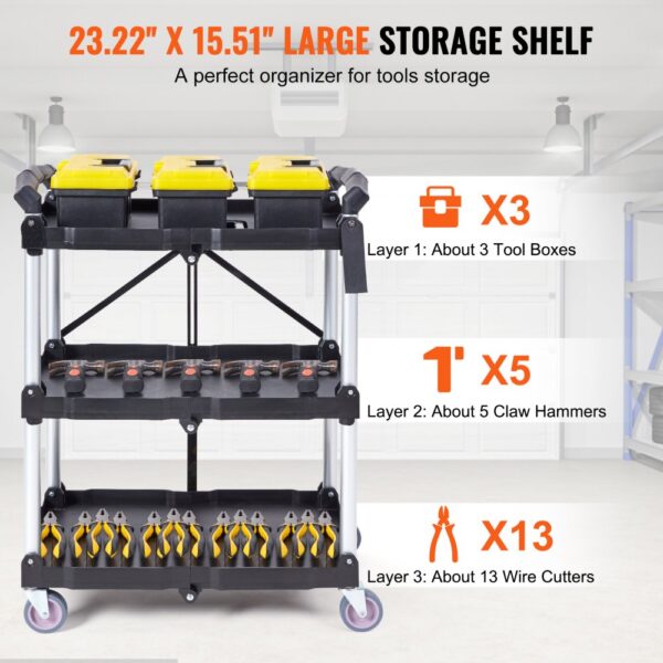 VEVOR utility service cart with large 23.22"x15.51" storage shelf, holding toolboxes, hammers, wire cutters.