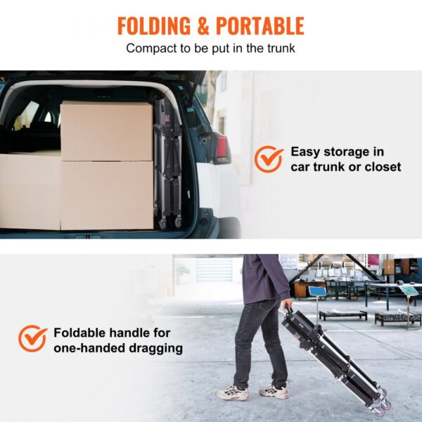 folding VEVOR utility service cart fits in car trunk; foldable handle for easy one-handed dragging.