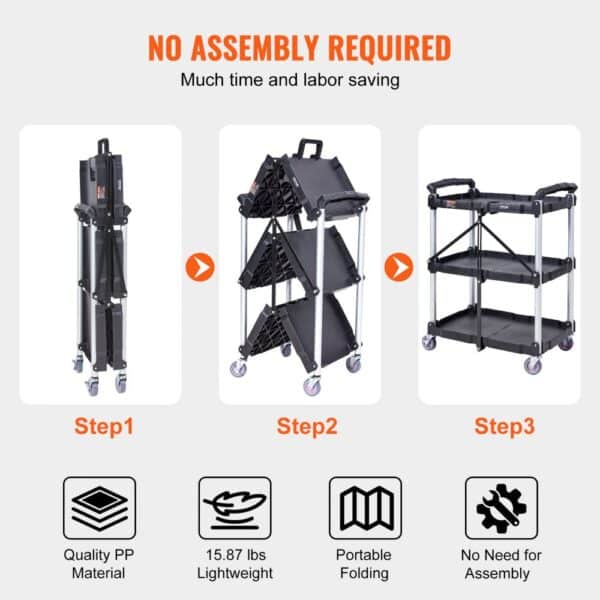 VEVOR utility service cart setup process; step1 folded, step2 unfolding, step3 fully assembled.