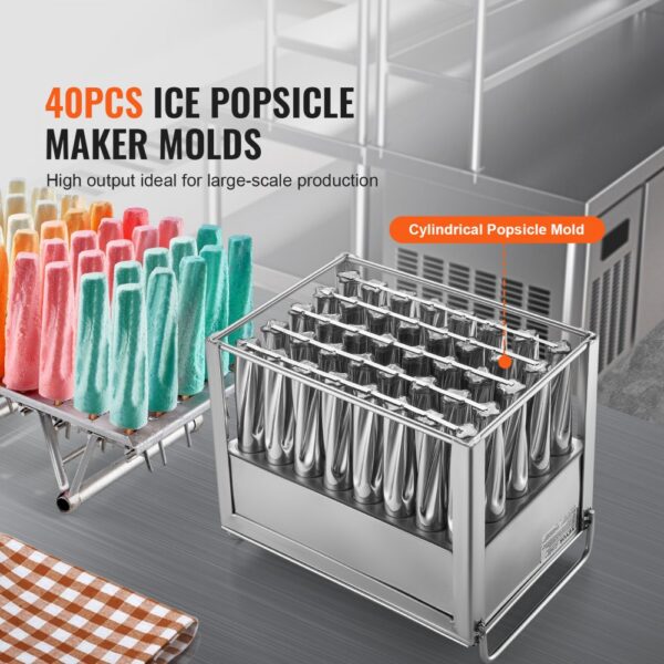 40pcs VEVOR ice popsicle maker molds with colorful popsicles on display.