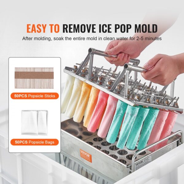 VEVOR popsicle molds with assorted colorful popsicles, and included popsicle sticks and bags.