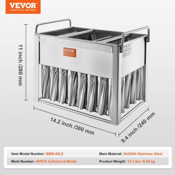 VEVOR popsicle molds, sus304 stainless steel, holds 40 cylindrical molds, 14.2x11x9.4 inches dimensions.