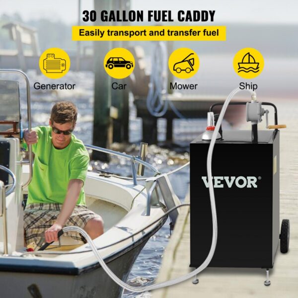 VEVOR fuel caddy, 30-gallon capacity, easily transfers fuel for generators, cars, mowers, and boats.