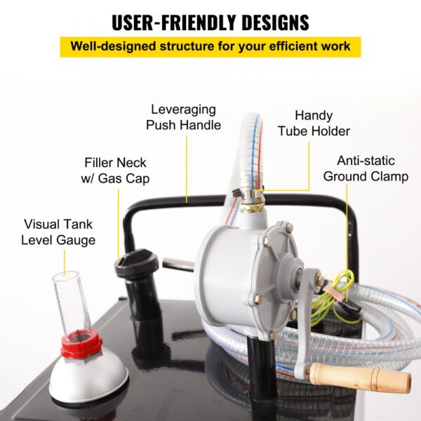 VEVOR fuel caddy with features labeled, including push handle, tube holder, and visual tank level gauge.